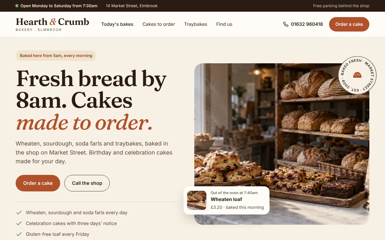 After: the bakery's new website, with call and order buttons and opening times at the top